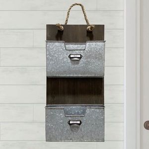 Rae Dunn 2 tier wall hanging mail filer rustic farmhouse wood metal inbox outbox